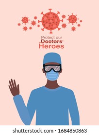 Man Doctor Hero With Uniform Mask Glasses And 2019 Ncov Virus Design Of Covid 19 Cov Infection Epidemic Disease Symptoms And Medical Theme Vector Illustration