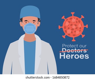 man doctor hero with uniform mask and 2019 ncov virus design of Covid 19 cov infection corona epidemic disease symptoms and medical theme Vector illustration