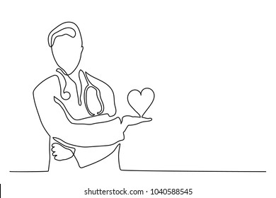 A man doctor holds a heart in his hand. One line drawing isolated vector object by hand on a white background.