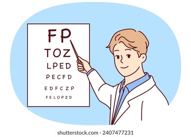 Man doctor holds out pointer to poster with letters for checking eyesight of patients. Positive ophthalmologist in white coat works in clinic helping to treat eye diseases. Flat vector illustration