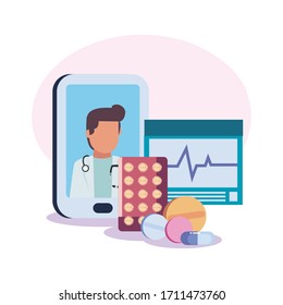 Man doctor inside smartphone pulse and pills design of Covid 19 virus 2019 ncov cov coronavirus infection corona epidemic disease symptoms and medical theme Vector illustration