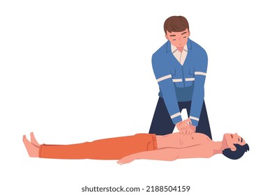 Man Doctor Making External Cardiac Massage to Lying Victim as Rescue and Life Saving Emergency Operation Vector Illustration