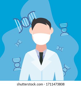Man doctor with mask and dna icons design of Covid 19 virus 2019 ncov cov coronavirus infection corona epidemic disease symptoms and medical theme Vector illustration