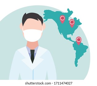 Man doctor with mask and map with marks design of Covid 19 virus 2019 ncov cov coronavirus infection corona epidemic disease symptoms and medical theme Vector illustration