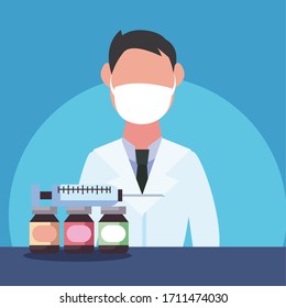 Man doctor with mask medicine jars and syringe design of Covid 19 virus 2019 ncov cov coronavirus infection corona epidemic disease symptoms and medical theme Vector illustration