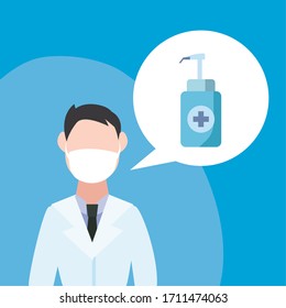 Man doctor with mask and soap bottle design of Covid 19 virus 2019 ncov cov coronavirus infection corona epidemic disease symptoms and medical theme Vector illustration