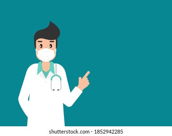 Man doctor with medical mask on blue background. Winter precautions list. Check yourself. Virus medical internet consultation. Healthcare consulting.  Hospital support online. 