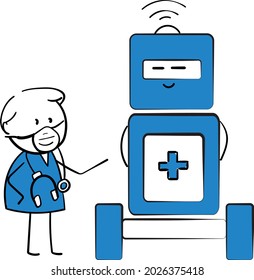 Man doctor and medical robot.Hand drawn doodle line art cartoon character design boy. Coronavirus and covid-19. Health care and medicine.isolated vector illustration
