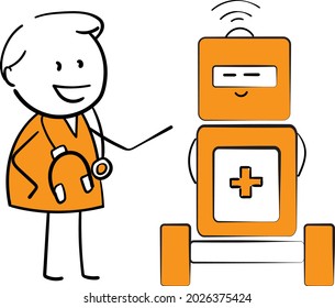 Man doctor and medical robot.Hand drawn doodle line art cartoon character design boy. Coronavirus and covid-19. Health care and medicine.isolated vector illustration
