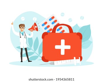 Man Doctor with Megaphone Giving Instruction and Advice for Disease Prevention Vector Illustration