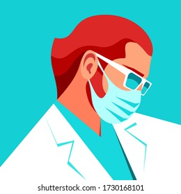 Man as doctor or nurse. Male character in medical uniform and face mask. Coronavirus epidemic. Vector illustration