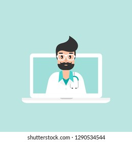 Man doctor on the laptop screen. Medical internet consultation.  Healthcare consulting web service.  Hospital support online. Computer doctor. Ask a doctor. Vector flat illustration on blue