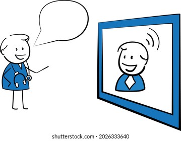 Man doctor and online consultation, online call.Hand drawn doodle line art cartoon character design man. Coronavirus and covid-19. Health care and medicine.isolated vector illustration
