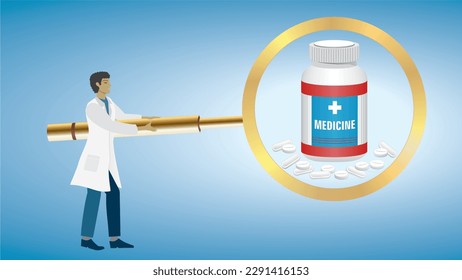 Man, doctor, physician with big magnifying glass looking at medicine, prescription, pill bottle. Dimension 16:9. Vector illustration.