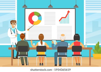 Man Doctor with Pointer Showing Medical Research Presentation Vector Illustration
