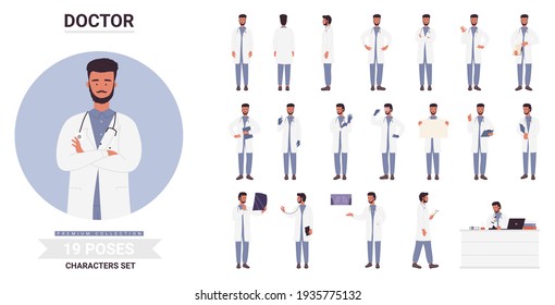 Man doctor poses vector illustration set. Cartoon bearded young medical worker character with stethoscope posing, medic working in hospital, sitting in medicine healthcare office isolated on white