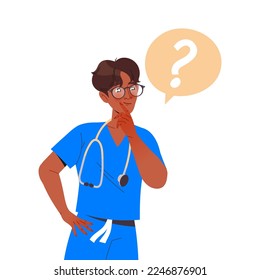 Man Doctor or Practitioner in Blue Uniform with Stethoscope Thinking Engaged in Medical Examination Vector Illustration