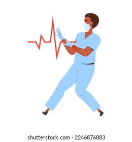 Man Doctor or Practitioner in Mask and Uniform Pulling Electrocardiogram Vector Illustration