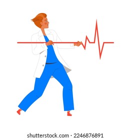 Man Doctor or Practitioner in Uniform Pulling Electrocardiogram Vector Illustration