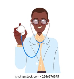 Man Doctor or Practitioner in Uniform with Stethoscope Engaged in Medical Examination Vector Illustration