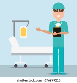 man doctor with prescription and sretcher with transfusion