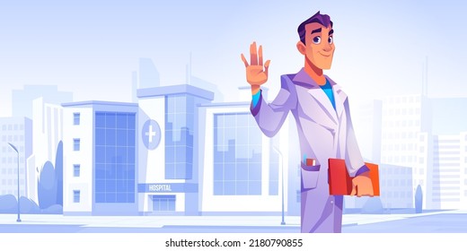 Man Doctor, Professional Medic On Background Of Hospital Building. Vector Cartoon Illustration Of Medical Worker, Surgeon Or Physician Character In White Uniform On City Street With Clinic