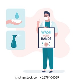 Man doctor recommends washing your hands and disinfecting items. Cartoon male character in white coat and protective mask with thumb up. Virus protective measures. Trendy vector illustration