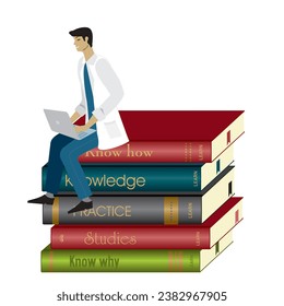 Man, doctor, scientist, health care people sitting on a pile of books with a laptop. Isolated. Vector illustration.