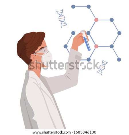 Man doctor scientists hold test tube. Developing pandemic coronavirus pneumonia treatment. Healthcare immunization research.  Vector illustration in a flat style