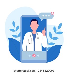 Man doctor with short hair. Doctor online. Consultation with a doctor using a mobile phone or application. Vector illustration in flat cartoon style. The concept of protection and medicine.