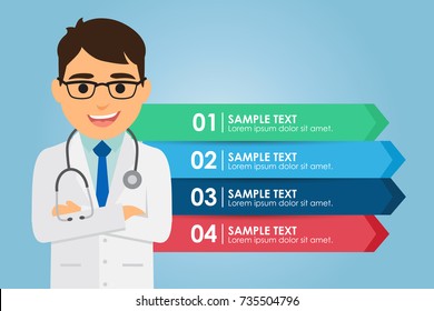 Man Doctor Standing With A Infographic. Medical Concept. Vector Illustration