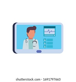 Man doctor with stethoscope inside tablet flat style icon design of Medical care health emergency aid exam clinic and patient theme Vector illustration