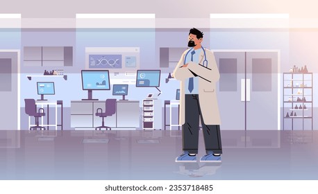 man doctor with stethoscope medical worker in uniform happy labor day celebration concept modern clinic interior horizontal