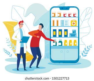 Man and Doctor Talk about Pills in Online Pharmacy. Huge Mobile Flat Screen with Great Pharmaceuticals Assortment. Smart Medicine. Qualified Medical Care. Vector Cartoon Illustration