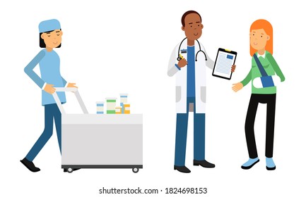 Man Doctor Wearing White Coat Seeing Patient and Nurse Pulling Trolley with Medicines Vector Illustrations Set