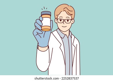 Man doctor in white coat shows jar of pills recommending use of medicines for health treatment. Pharmacy professional guy demonstrating vitamins to improve immunity. Flat vector illustration