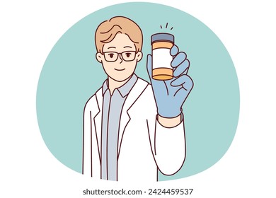 Man doctor in white coat shows jar of pills recommending use of medicines for health treatment. Pharmacy professional guy demonstrating vitamins to improve immunity. Flat vector illustration