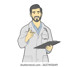 Man doctor in white coat with stethoscope and folder for notes and patient records smile and good test results on white isolated background