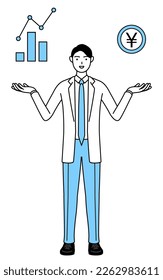 A man doctor in white coats guiding an image of DX, performance and sales improvement.
