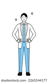 A man doctor in white coats with his hands on his hips.