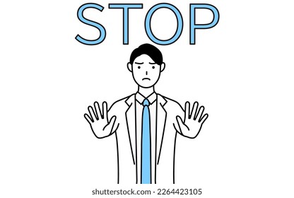 A man doctor in white coats with his hand out in front of his body, signaling a stop.
