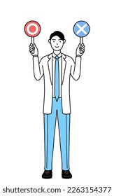 A man doctor in white coats holding a stick indicating correct and incorrect answers.