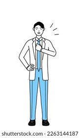 A man doctor in white coats tapping his chest.