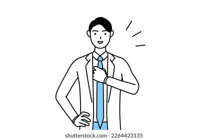 A man doctor in white coats tapping his chest.