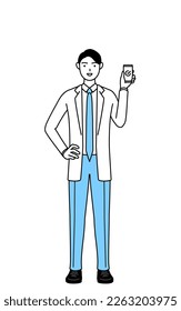 A man doctor in white coats using a smartphone at work.