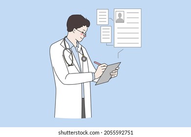 Man Doctor In White Medical Uniform Fill Patient Data On Modern Tablet. Electronic Hospital Client Profile On Device. GP Have Online Consultation. New Technology, Medicine. Vector Illustration. 