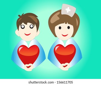 man doctor and woman doctor holds hearts