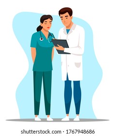 Man doctor and woman nurse stand with patient card. Medical staff in uniform study, discuss examination result, make note. Therapist giving treatment recommendation prescription, putting signature