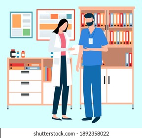 Man doctor and woman nurse stand with patient card. Medical staff representatives in uniform study, discuss examination result, make note. Colleagues spend time and communicate in the hospital