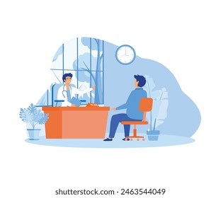 Hombre en la cita con el doctor. Un hombre sonriente y un doctor masculino sentados y hablando en la mesa en la oficina. Interior de una sala de consulta con doctor y paciente. Vector plano ilustración moderna 